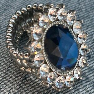 Deep Blue Oval Cocktail Ring with Clear Accents - Stretch Band